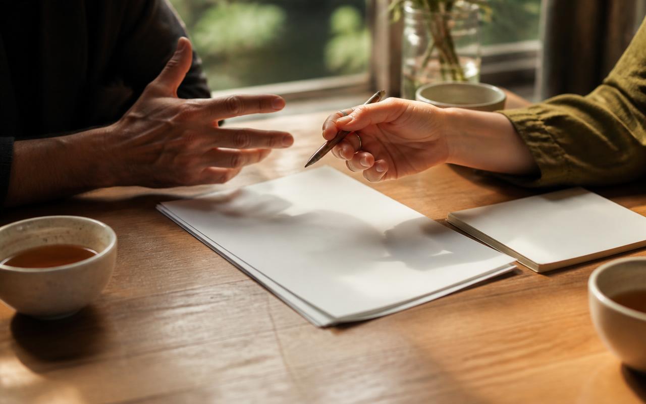 Two people's hands gesturing over blank paper and a notebook at a wooden table in natural light