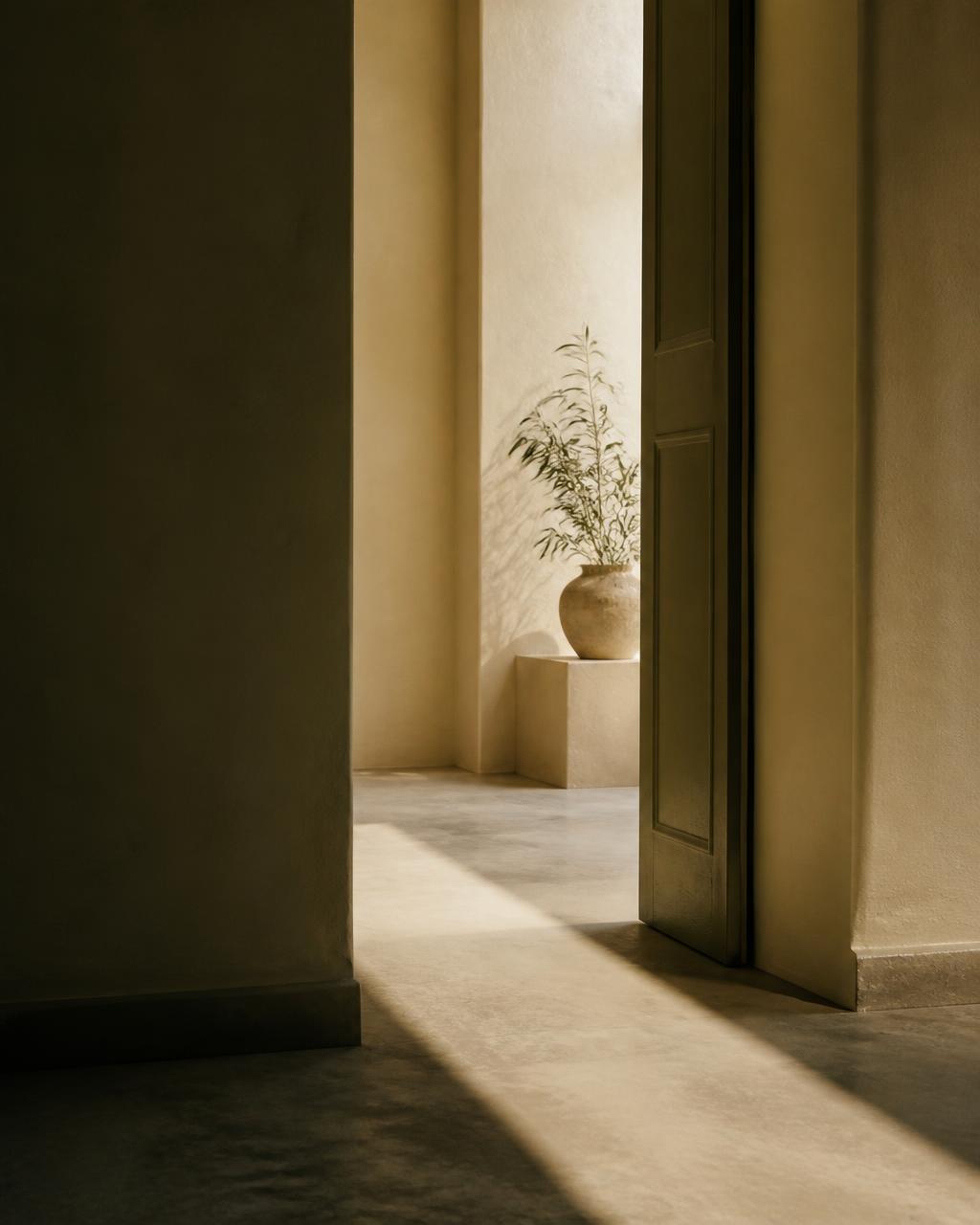 An open interior doorway with daylight and shadow crossing a warm plaster threshold