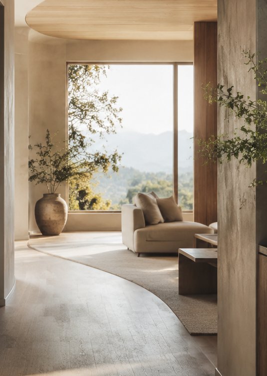 Daylight through a tall window onto a calm, ordered interior