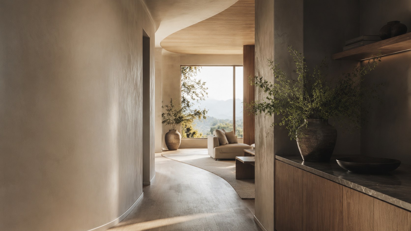 A quiet interior hallway curving toward a bright window and open view